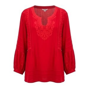 NEW John Mark Red Embroidered Boho Blouse Plus Size 2X Spice Split Neck Top